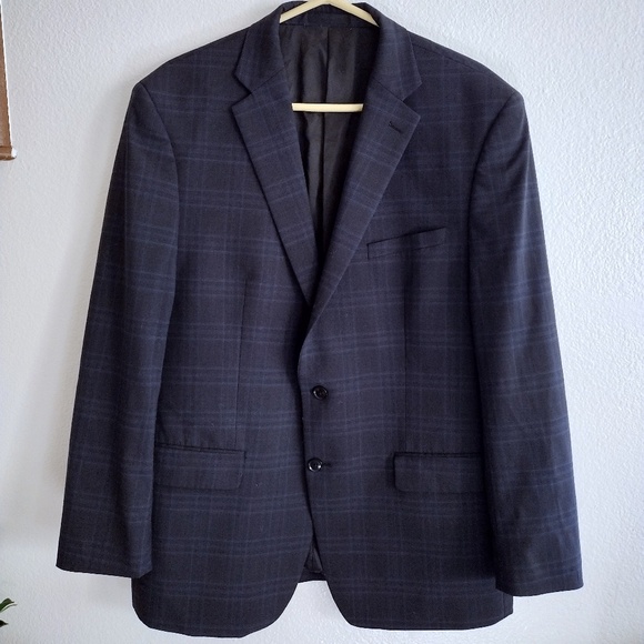 Calvin Klein Men's 46R Navy Blue Plaid Slim-Fit Wool-Laine Business Suit Jacket - Picture 1 of 7